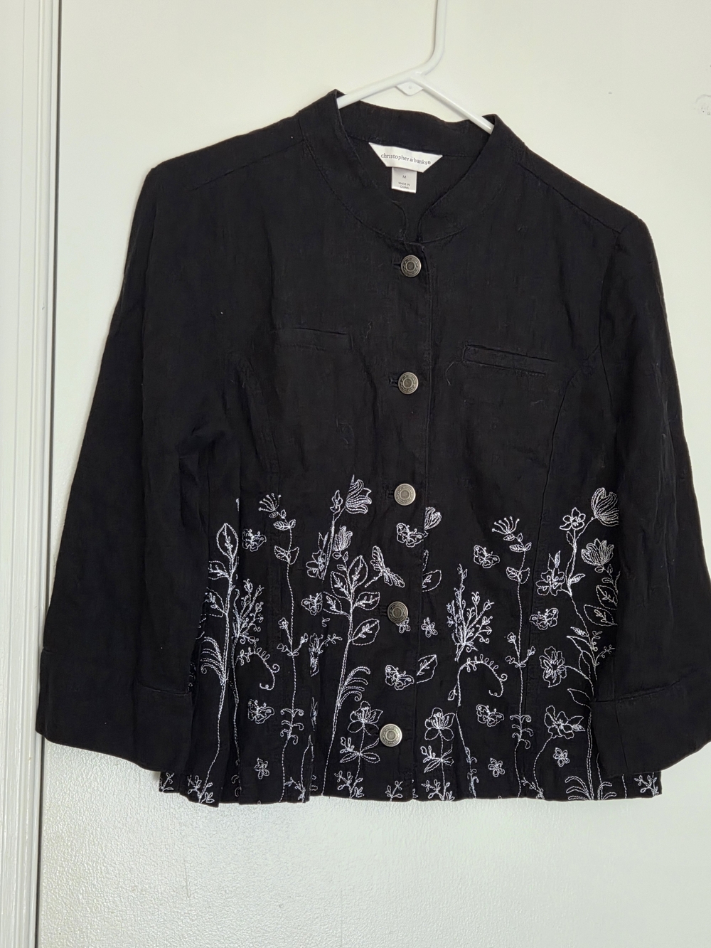 Christopher & Banks Black Linen Floral Embroidered Mandarin Collar Jacket Medium